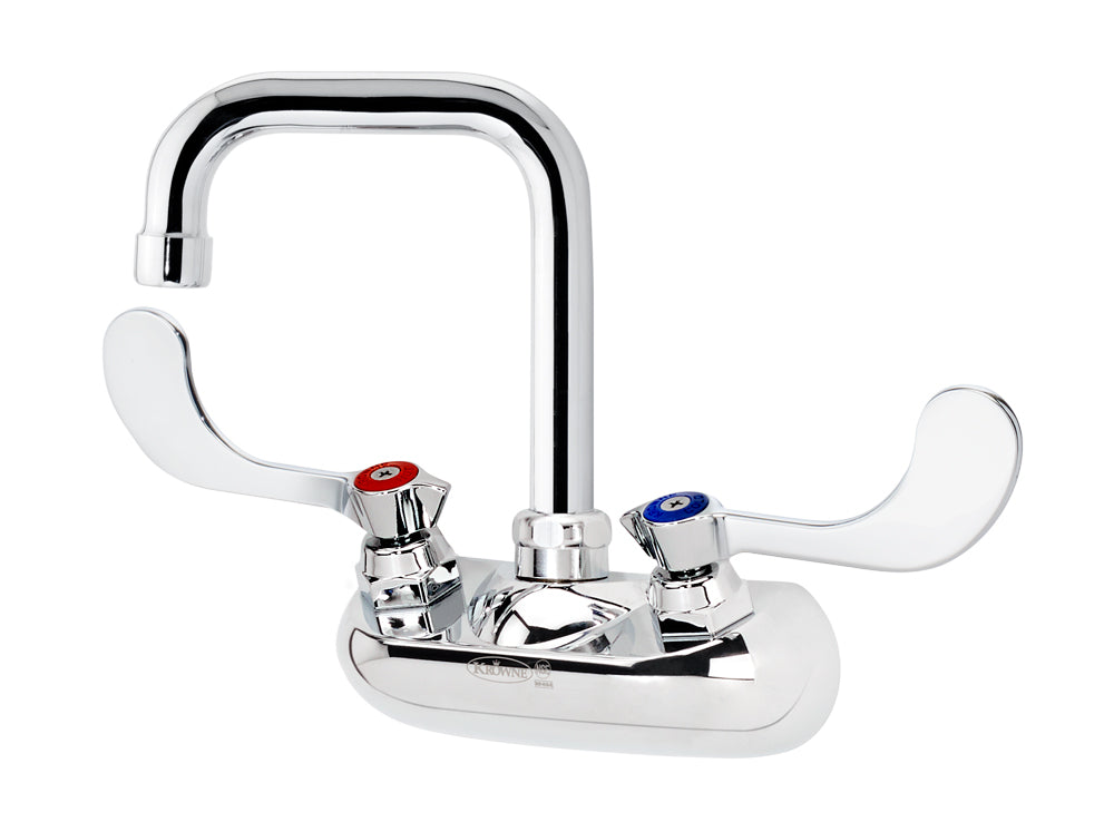 Krowne 10-435L-W SILVER SERIES 4" CTR Wall MNT FCT, 1/4 TURN Ceramic ValveS W/ WRIST BLADE HandLE, 4" Double BEND SPT