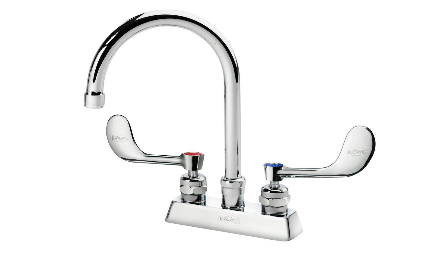 Krowne 15-301L-W-E4 ROYAL SERIES 4" Deck Mount Faucet WITH 6" WIDE GOOSENECK SPT, VR WRISTBLADE HandLES, 1.5 GPM AERATOR