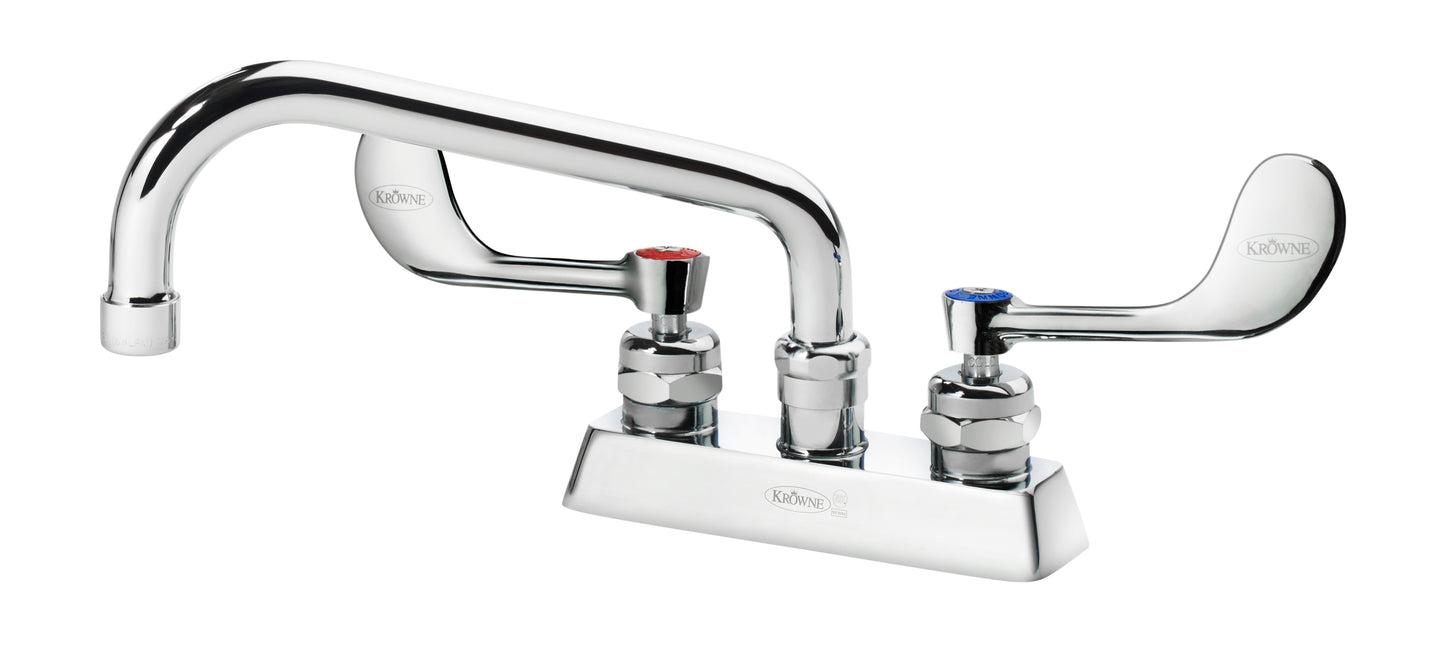 Krowne 15-308L-W-E4 ROYAL SERIES 4" Deck Mount Faucet WITH 8" SWING SPOUT, VR WRISTBLADE HandLES, 1.5 GPM AERATOR