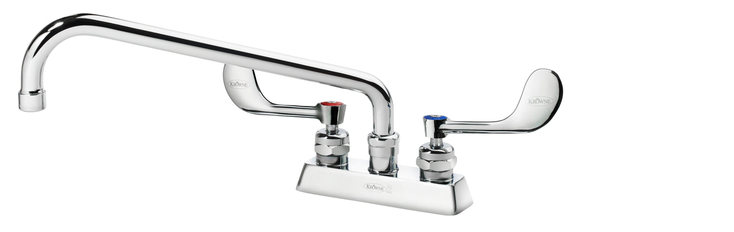 Krowne 15-312L-W-E4 ROYAL SERIES 4" Deck Mount Faucet WITH 12" SWING SPOUT, VR WRISTBLADE HandLES, 1.5 GPM AERATOR