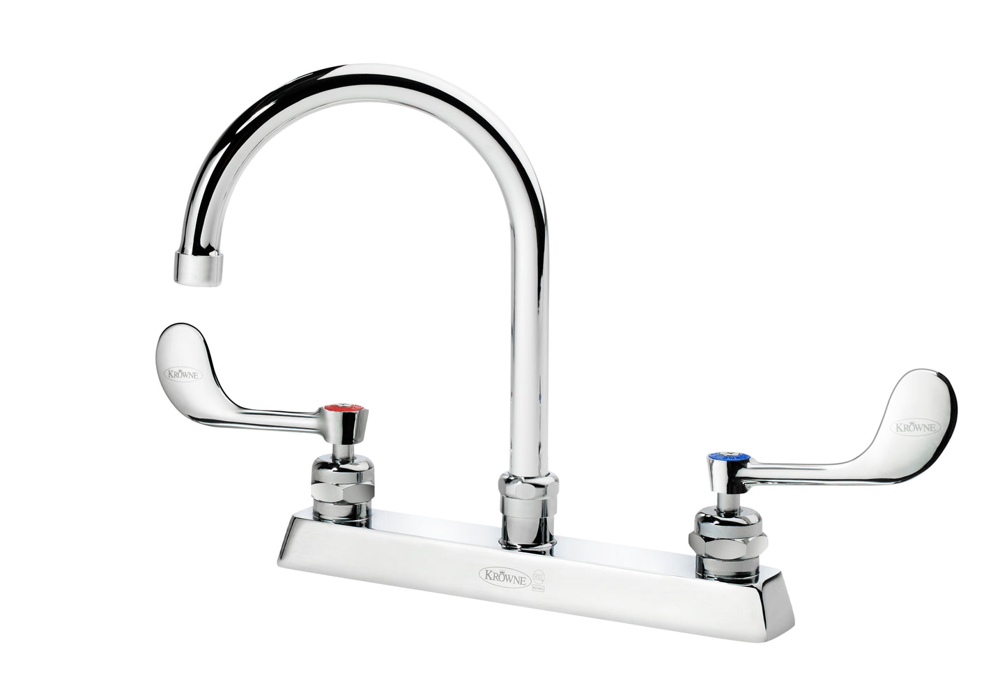 Krowne 15-501L-W-E4 ROYAL SERIES 8" Deck Mount Faucet WITH 6" WIDE GOOSENECK SPT, VR WRISTBLADE HandLES, 1.5 GPM AERATOR