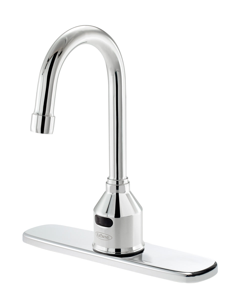 Krowne 16-649P8 Krowne 16-649P8. Royal Series Single Hole Deck Mount Sensor Faucet, Battery Operated, Mechanical Mixing Valve, 4-1/2" Gooseneck, 8" Deck Plate, 1.50 GPM Aerator.