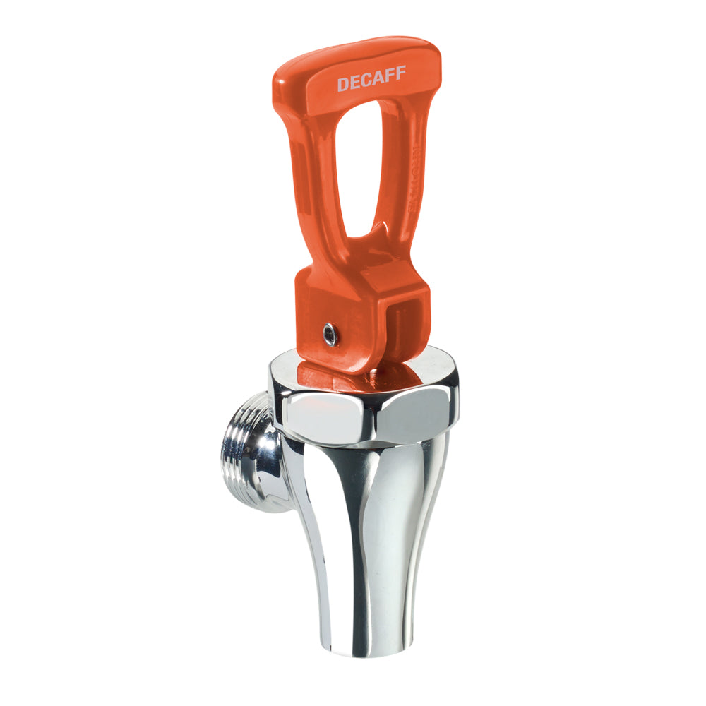 Krowne 19-302. Coffee Urn Faucet - Orange for Decaf. Premium brass Faucet Body and bonnet with chrome finish. Orange Handle for decaf. Includes spring, stem and seat cup.
