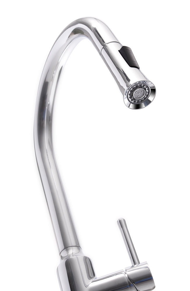 Krowne 19-400C. Single Handle Kitchen Faucet with Pull-Down Sprayer, Chrome Finish. Pull down Spray wand with the ability to quickly switch between two Spray modes: stream or Shower. Beehive for aerator helps reduce splash back. Made from 304 stainless steel, environmentally friendly material, and chrome finish. Optional 8ƒ?� deck plate included (can be mounted with or without plate).