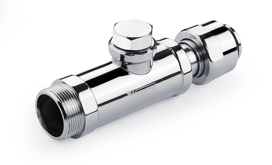 Krowne 21-546L. Chemical Swivel Tee Assembly. Fits most manufacturers. 3/8" NPT Female Tee Fitting on side. Chrome Plated Brass.