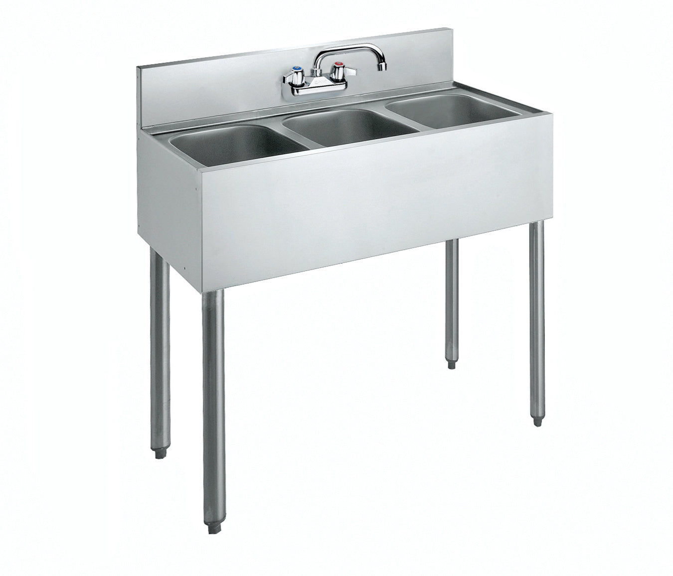 Krowne CS-1836 Krowne CS-1836. 3'-0" THREE COMPARTMENT CONVENIENCE Sink WITH 6" LONGER GALVANIZED LEGS. 3-1/2" BASKET DrainS.