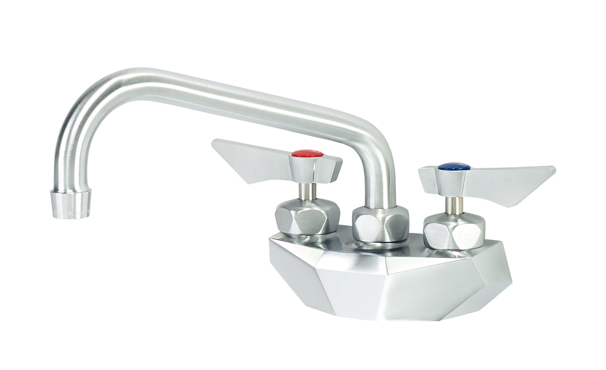 Krowne DX-408 Krowne DX-408. Diamond Series 4" Center Wall Mount Faucet with 8" Swing Spout. Solid chrome plated brass base with ultra-polish satin. Durable full range swing spout with Double o-ring construction.
