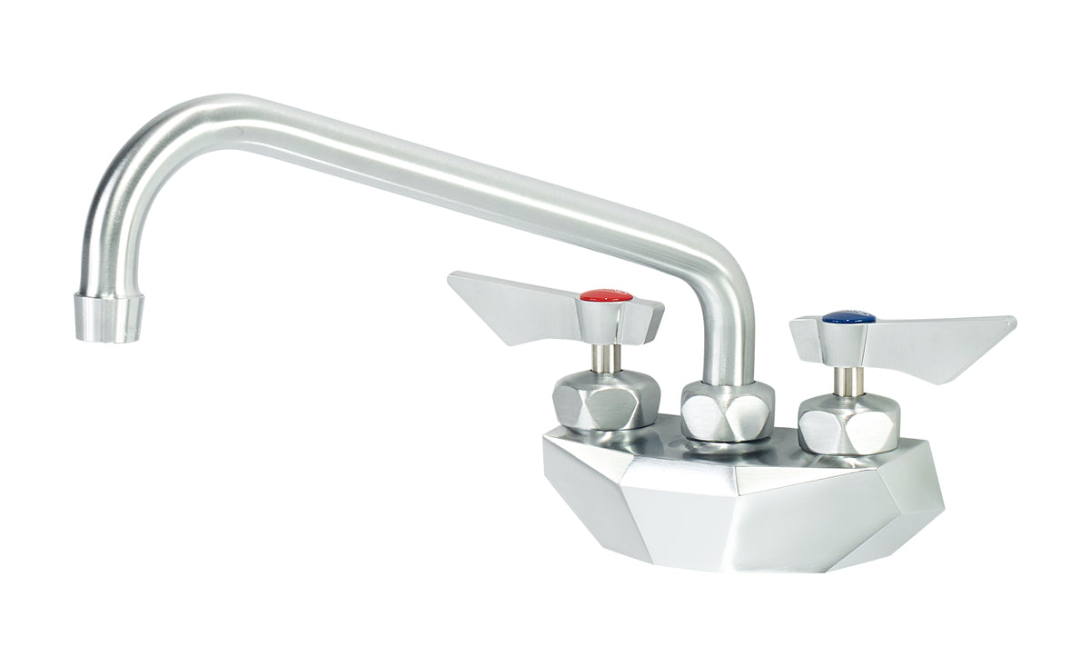 Krowne DX-410 Krowne DX-410. Diamond Series 4" Center Wall Mount Faucet with 10" Swing Spout. Solid chrome plated brass base with ultra-polish satin. Durable full range swing spout with Double o-ring construction.