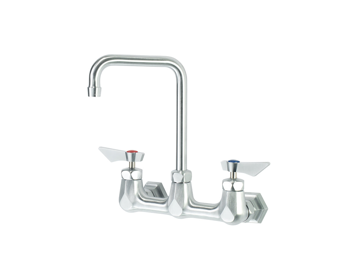 Krowne DX-801 Krowne DX-801. Diamond Series 8" Center Wall Mount Faucet with 6" Wide Double Bend Spout. Solid chrome plated brass base with ultra-polish satin. Durable full range swing spout with Double o-ring construction.