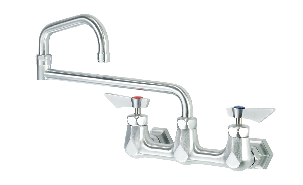 Krowne DX-818 Krowne DX-818. Diamond Series 8" Center Wall Mount Faucet with 18" Jointed Spout. Solid chrome plated brass base with ultra-polish satin. Durable full range swing spout with Double o-ring construction.