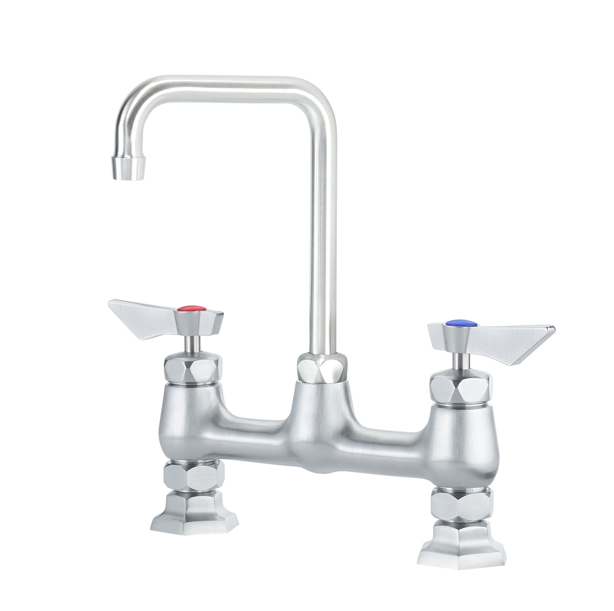 Krowne DX-901 Krowne DX-901. Diamond Series 8" Center Raised Deck Mount Faucet with 6" Wide Double Bend Spout. Solid chrome plated brass base with ultra-polish satin.
Durable full range swing spout with Double o-ring construction.