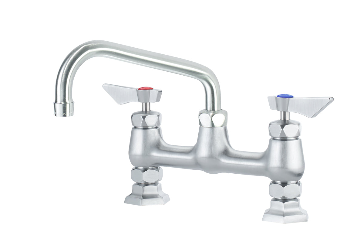 Krowne DX-906 Krowne DX-906. Diamond Series 8" Center Raised Deck Mount Faucet with 6" Swing Spout. Solid chrome plated brass base with ultra-polish satin. Durable full range swing spout with Double o-ring construction.
