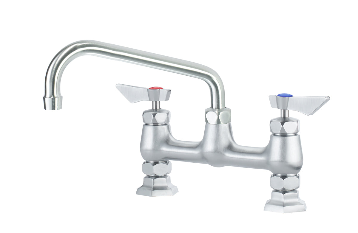 Krowne DX-908 Krowne DX-908. Diamond Series 8" Center Raised Deck Mount Faucet with 8" Swing Spout. Solid chrome plated brass base with ultra-polish satin. Durable full range swing spout with Double o-ring construction.