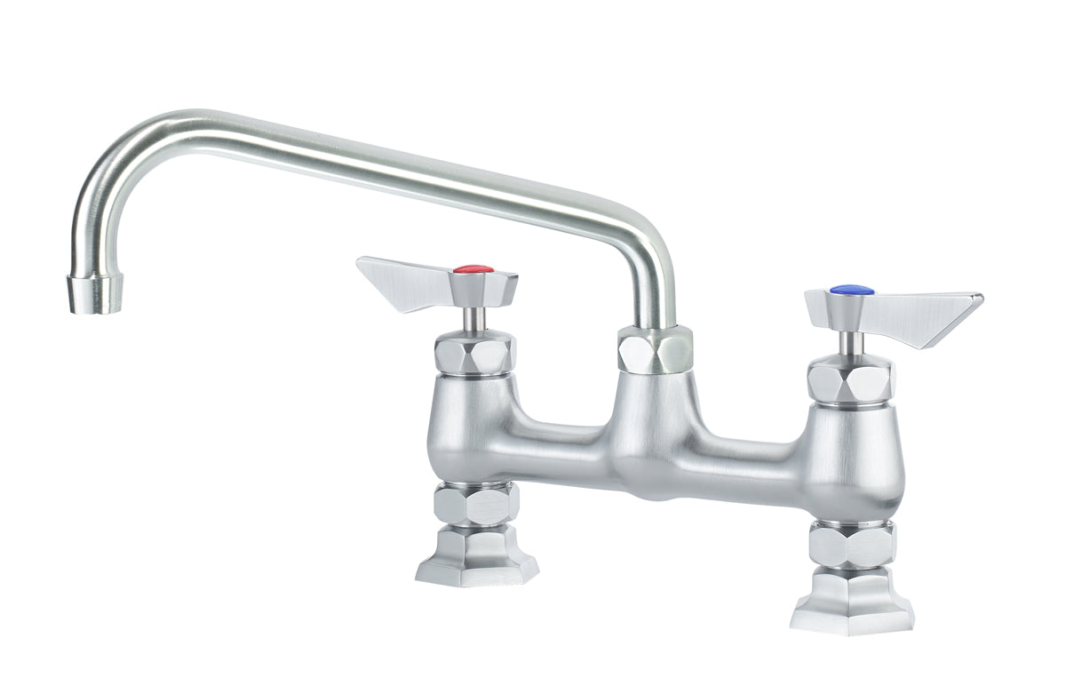 Krowne DX-910 Diamond Series 8" Center Raised Deck Mount Faucet with 10" Swing Spout. Solid chrome plated brass base with ultra-polish satin. Durable full range swing spout with Double o-ring construction.