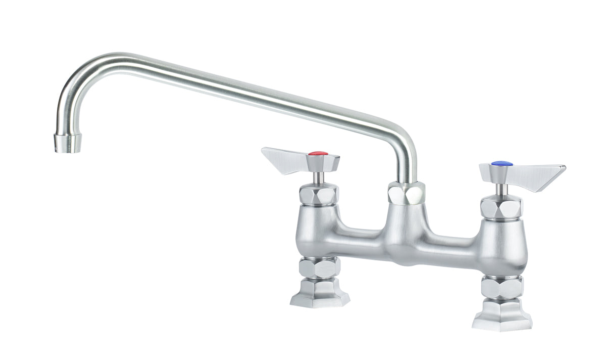 Krowne DX-912 Krowne DX-912. Diamond Series 8" Center Raised Deck Mount Faucet with 12" Swing Spout. Solid chrome plated brass base with ultra-polish satin. Durable full range swing spout with Double o-ring construction.