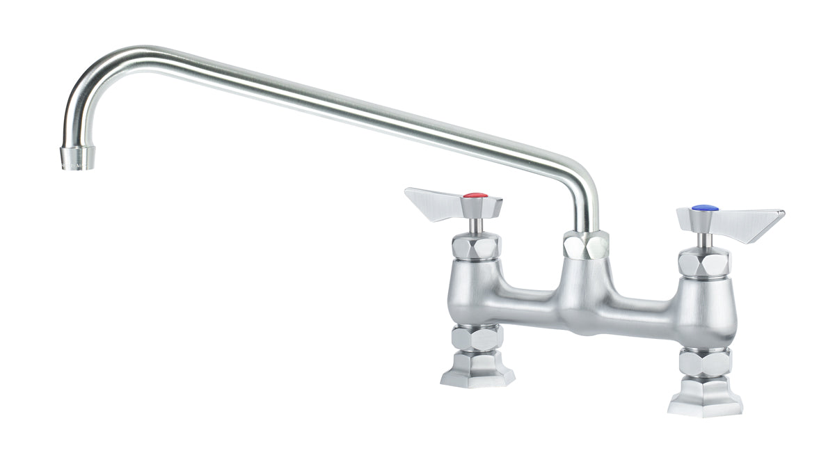 Krowne DX-914 Krowne DX-914. Diamond Series 8" Center Raised Deck Mount Faucet with 14" Swing Spout. Solid chrome plated brass base with ultra-polish satin. Durable full range swing spout with Double o-ring construction