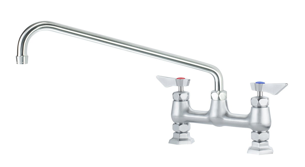 Krowne DX-916 Krowne DX-916. Diamond Series 8" Center Raised Deck Mount Faucet with 16" Swing Spout. Solid chrome plated brass base with ultra-polish satin. Durable full range swing spout with Double o-ring construction.