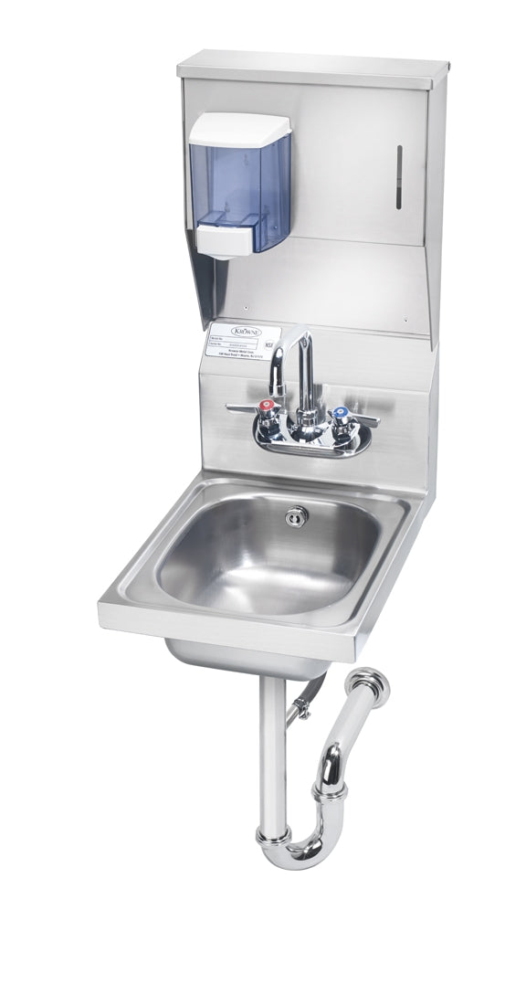 Krowne HS-31. 12"W Hand Sink with Soap & Towel Dispenser, Overflow and P-Trap.
