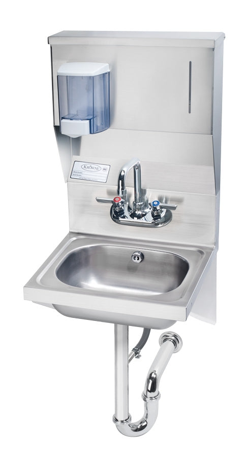 Krowne HS-58. Hand Sink with Soap & Towel Dispenser, Overflow, P-Trap and Side Splashes, 16"W.
