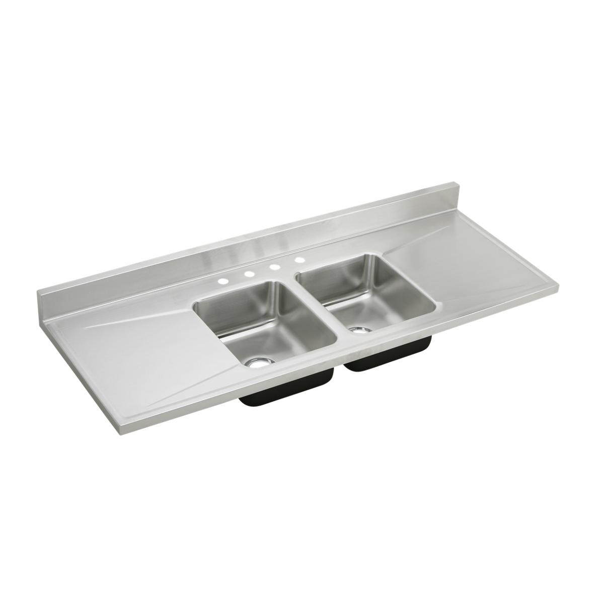 Just Manufacturing DM6629-4-J Stainless Steel 66" x 25" x 7-1/2" 4-Hole Equal Double Bowl Sink Top w/Drainboard