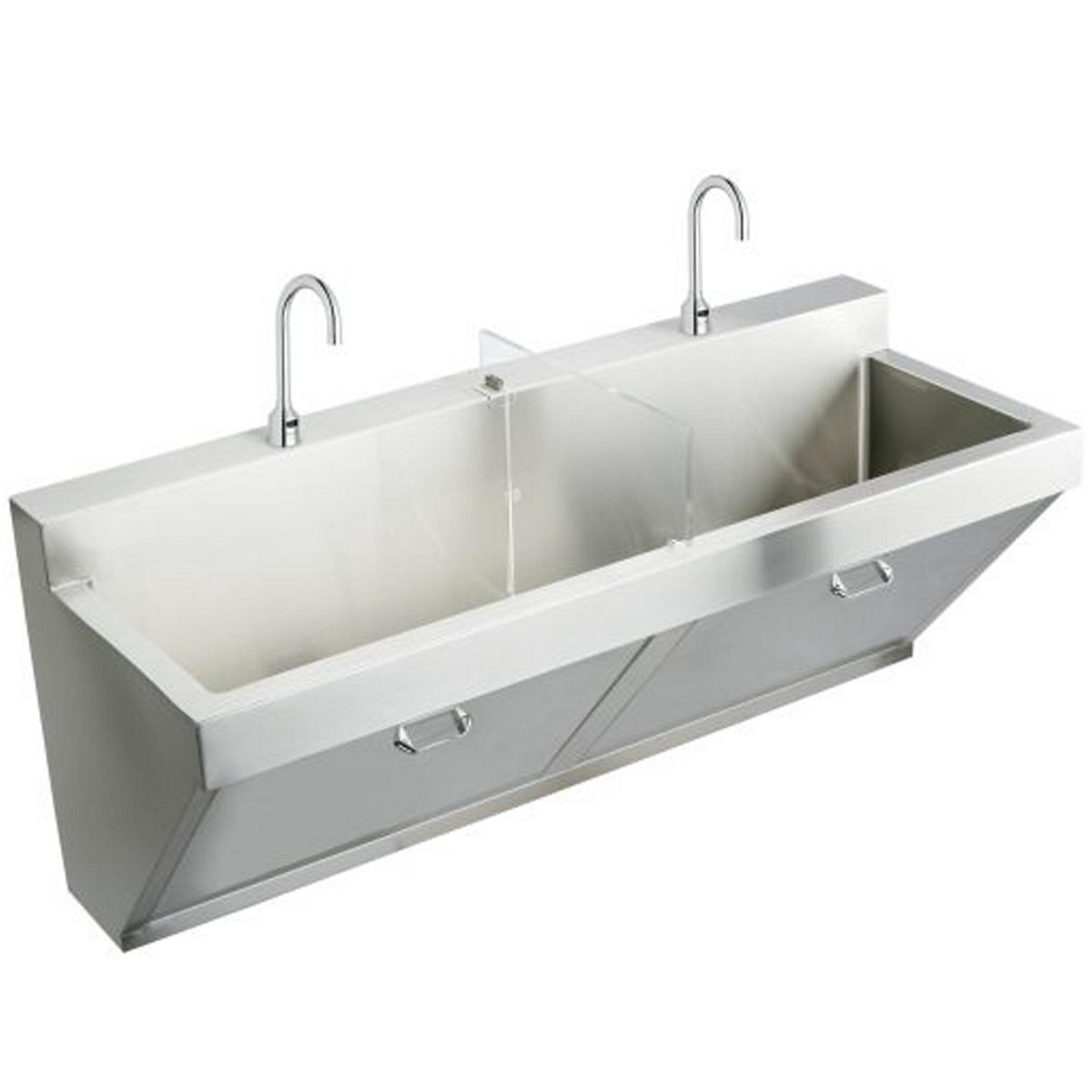 Just Manufacturing J7702S-J Stainless Steel 60" x 23" x 26" Wall Hung Double Station Surgeon Scrub Sink Kit w/2 Faucets+2 TMV+Drain+P-trap