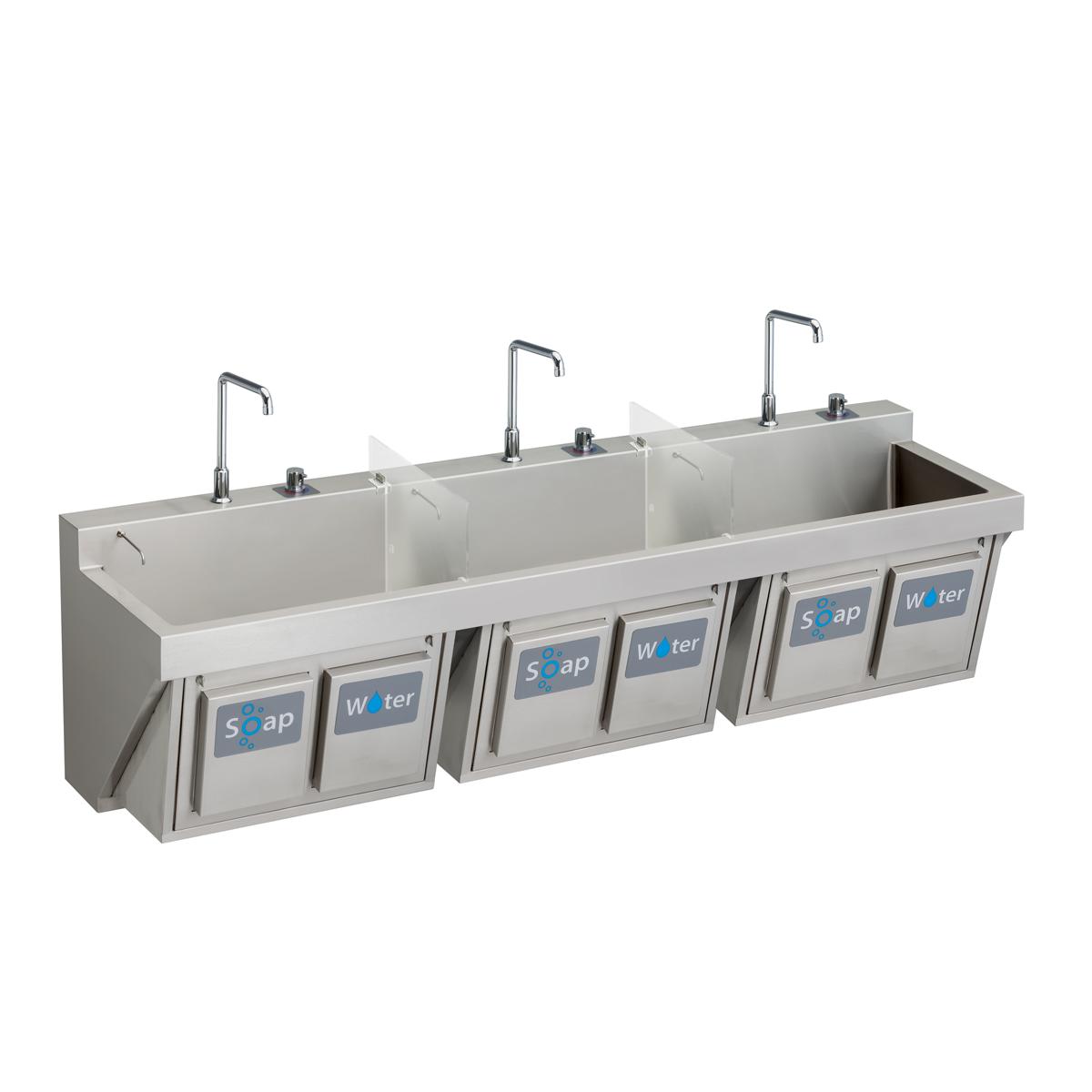 Just Manufacturing JKS7703-NP-J Stainless Steel 90" x 23" x 26" Wall Hung Triple Station Surgeon Scrub Sink Kit w/3 Spouts + 3 TMV + Drain