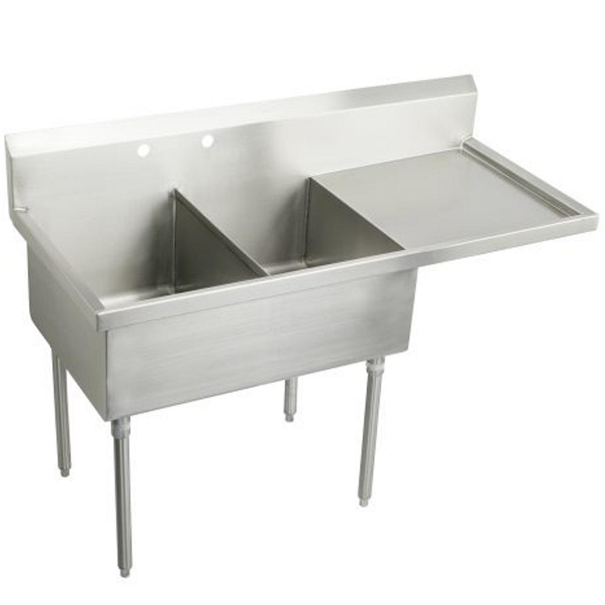 Stainless Steel 55-1/2" x 27-1/2" x 14" Floor Mount Double 2-Hole Scullery Sink w/R Drainboard Coved Corners