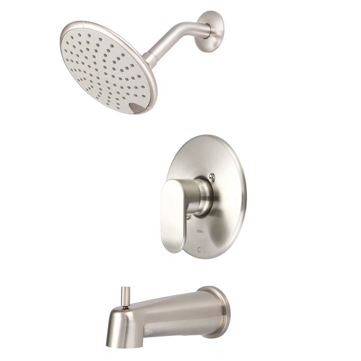 Olympia T-2334-BN TUB & SHWR TRIM SET-LVR HDL EXT. COMBO DVR TUB SPT W/ESCUTCHEON SINGLE FUNC RAIN SHWR-PVD BN