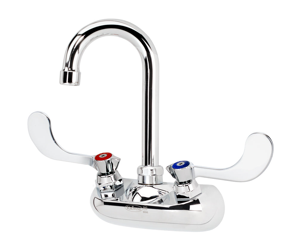 Krowne 10-400L-W SILVER SERIES 4" CENTER ALL MOUNT Faucet WITH 3-1/2" WIDE GOOSENECK SPOUT AND WRIST BLADE HandLES    