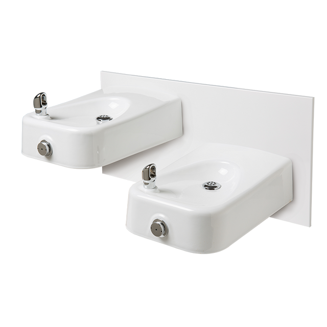 Haws 1501 Hi-lo, white-enameled iron with matching back panel. Also must purchase item 6715 - Steel in-wall mounting plate for 1501