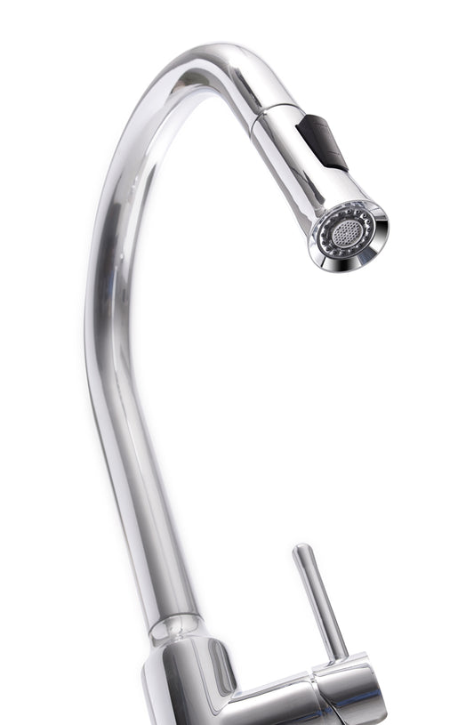 Krowne 19-400C. Single Handle Kitchen Faucet with Pull-Down Sprayer, Chrome Finish. Pull down Spray wand with the ability to quickly switch between two Spray modes: stream or Shower. Beehive for aerator helps reduce splash back. Made from 304 stainless steel, environmentally friendly material, and chrome finish. Optional 8ƒ?� deck plate included (can be mounted with or without plate).           
