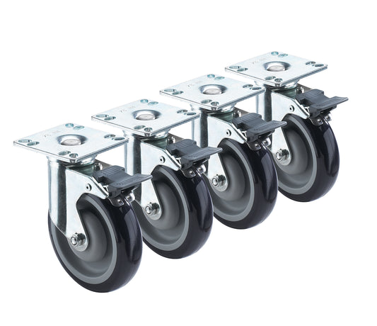 Krowne 28-260S Krowne 28-260S. 6" Overall Heavy Duty Universal 3-1/2" x 3-1/2" Plate Caster with Front Brake, 5" Wheel, Set of 4.