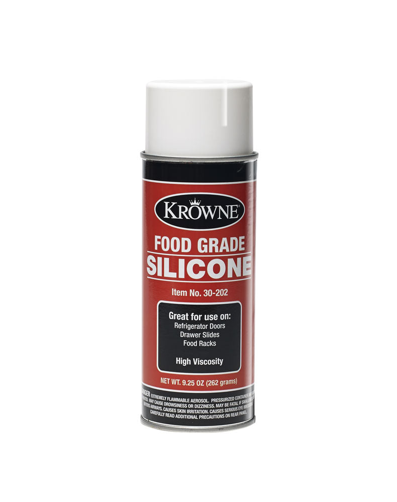 Krowne 30-202 Krowne 30-202. FOOD GRADE SILICONE 9.25OZ. Great for use on refrigerator doors, drawer slides, and food racks. High viscosity, safe on plastic, ultra pure, no chlorine. Provides excellent lubrication and protection against corrosion.