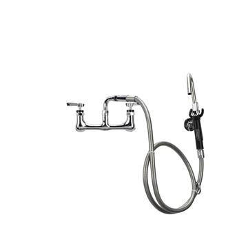 CHG KL53-3100 Encore 8" OC. Brass Chrome Plated Wall Mount Pot Filler Assembly Hooked Spray Head Ceramic Valves and 72" Hose