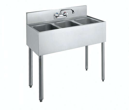Krowne CS-1836 Krowne CS-1836. 3'-0" THREE COMPARTMENT CONVENIENCE Sink WITH 6" LONGER GALVANIZED LEGS.  3-1/2" BASKET DrainS.      