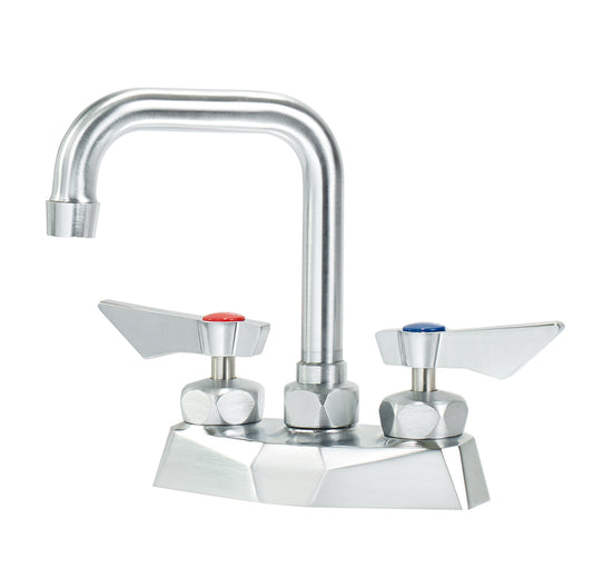 Krowne DX-325 Krowne DX-325. Diamond Series 4" Center Deck Mount Faucet with 4-1/2" Wide Double Bend Spout. Solid chrome plated brass base with ultra-polish satin. Durable full range swing spout with Double o-ring construction. 