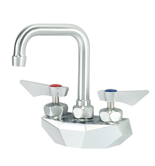 Krowne DX-400 Krowne DX-400. Diamond Series 4" Center Wall Mount Faucet with 4-1/2" Wide Double Bend Spout. Solid chrome plated brass base with ultra-polish satin. Durable full range swing spout with Double o-ring construction.