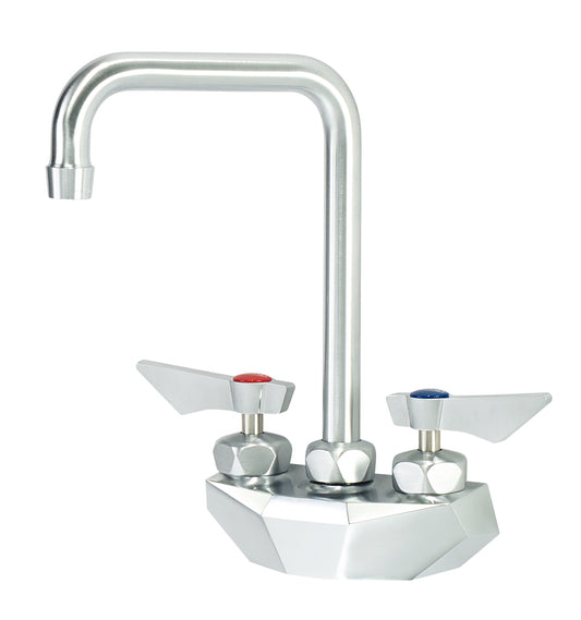 Krowne DX-401 Krowne DX-401. Diamond Series 4" Center Wall Mount Faucet with 6" Wide Double Bend Spout. Solid chrome plated brass base with ultra-polish satin. Durable full range swing spout with Double o-ring construction.