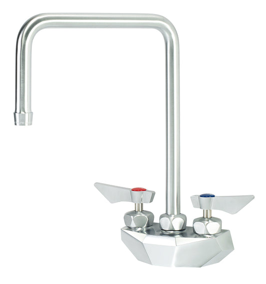Krowne DX-402 Krowne DX-402. Diamond Series 4" Center Wall Mount Faucet with 8-1/2" Wide Double Bend Spout. Solid chrome plated brass base with ultra-polish satin. Durable full range swing spout with Double o-ring construction. 