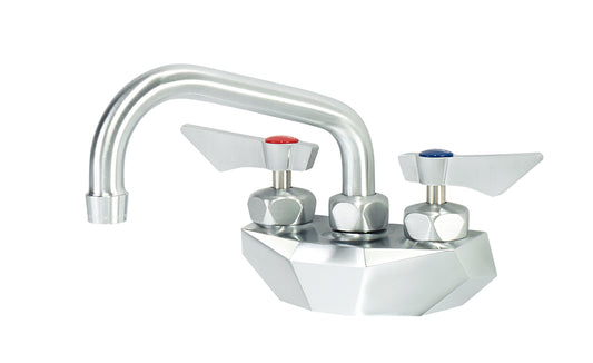 Krowne DX-406 Krowne DX-406. Diamond Series 4" Center Wall Mount Faucet with 6" Swing Spout. Solid chrome plated brass base with ultra-polish satin. Durable full range swing spout with Double o-ring construction.