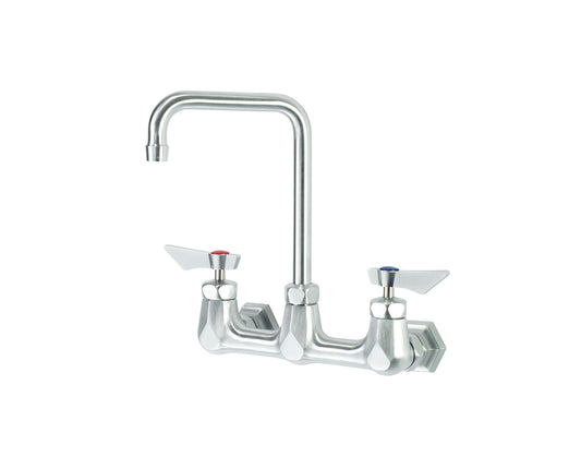 Krowne DX-801 Krowne DX-801. Diamond Series 8" Center Wall Mount Faucet with 6" Wide Double Bend Spout. Solid chrome plated brass base with ultra-polish satin. Durable full range swing spout with Double o-ring construction.   