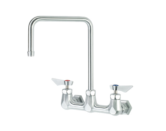 Krowne DX-802 Krowne DX-802. Diamond Series 8" Center Wall Mount Faucet with 8-1/2" Wide Double Bend Spout. Solid chrome plated brass base with ultra-polish satin. Durable full range swing spout with Double o-ring construction. 