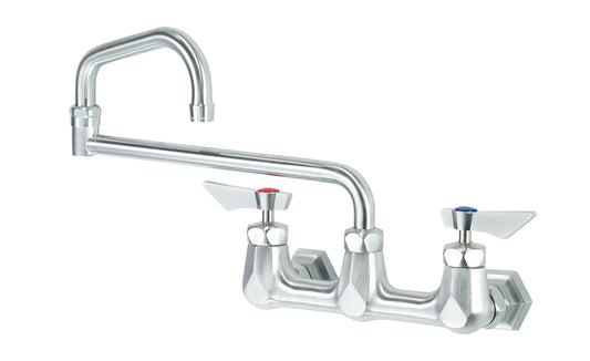 Krowne DX-818 Krowne DX-818. Diamond Series 8" Center Wall Mount Faucet with 18" Jointed Spout. 	Solid chrome plated brass base with ultra-polish satin. Durable full range swing spout with Double o-ring construction.