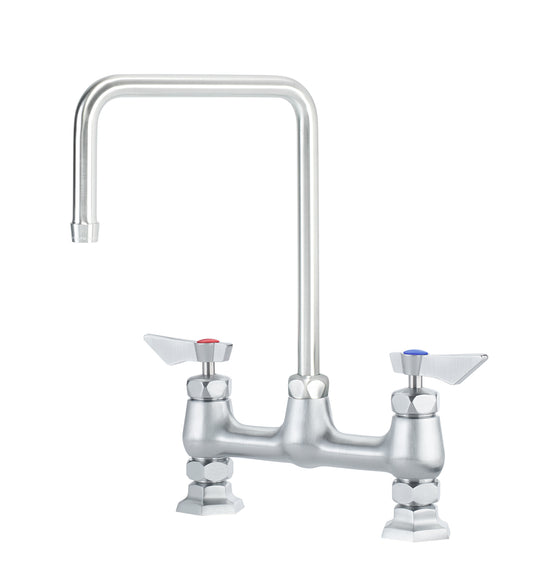 Krowne DX-902 Krowne DX-902. Diamond Series 8" Center Raised Deck Mount Faucet with 8-1/2" Wide Double Bend Spout. Solid chrome plated brass base with ultra-polish satin. Durable full range swing spout with Double o-ring construction.