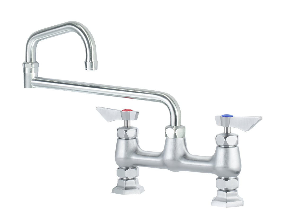 Krowne DX-918 Krowne DX-918. Diamond Series 8" Center Raised Deck Mount Faucet with 18" Jointed Spout. Solid chrome plated brass base with ultra-polish satin. Durable full range swing spout with Double o-ring construction.