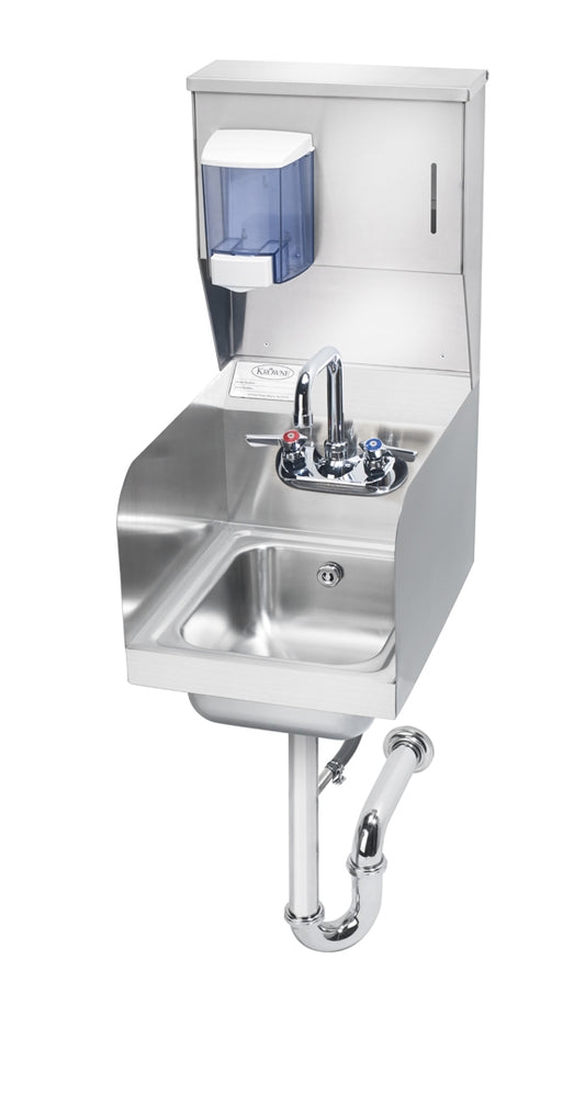 Krowne HS-32. 12"W Hand Sink with Soap & Towel Dispenser, Overflow, P-Trap and Side Splashes.