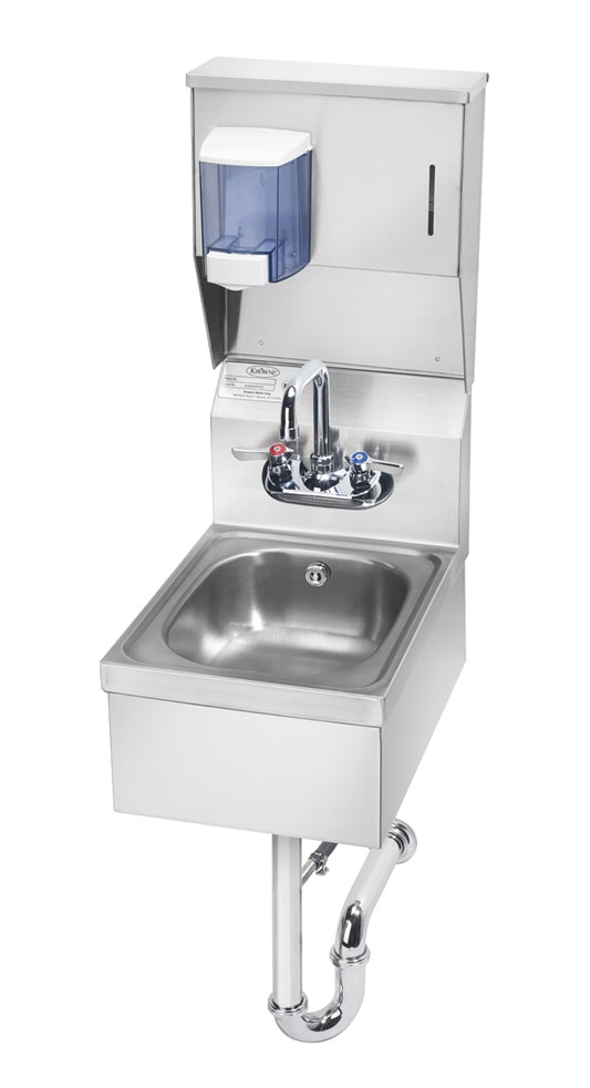 Krowne HS-37. 12"W Hand Sink with Soap & Towel Dispenser, Overflow, P-Trap and Stainless Steel Skirt.