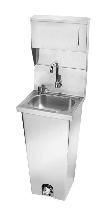 Krowne HS-39. Pedestal Hand Sink with Foot Valve and Soap & Towel Dispenser, 16"W.