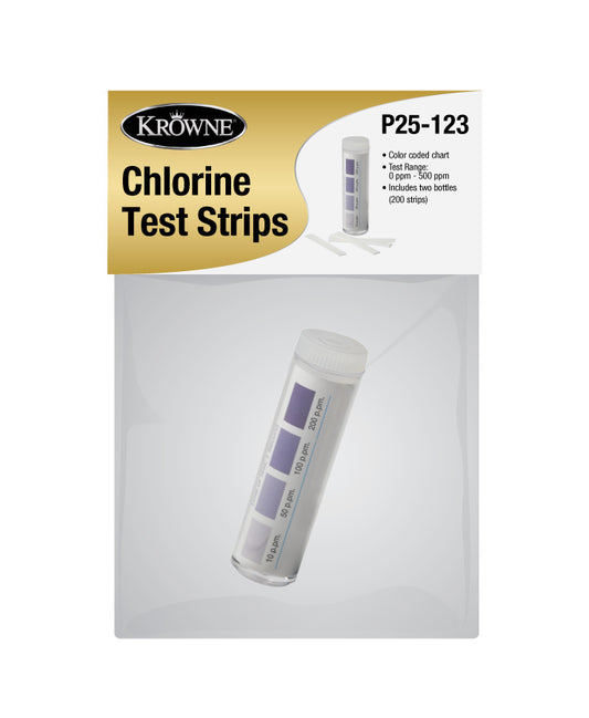 Krowne P25-123. Two test strips in package with Header. Sanitizer test strips for Bleach-Based Solutions. 100 strips per bottle. 