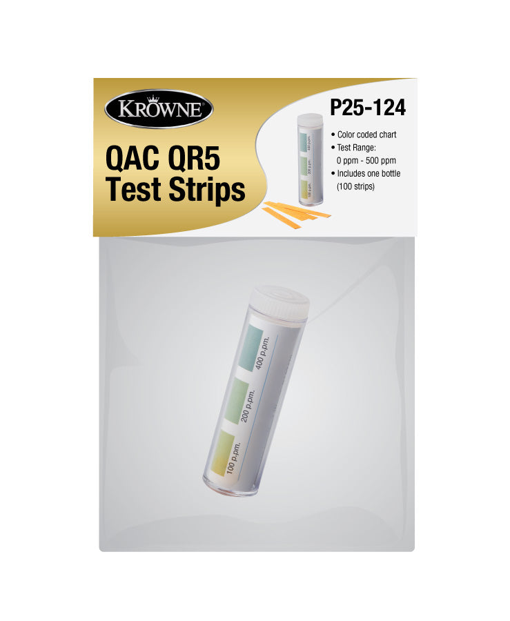 Krowne P25-124. Qac Test Strips Bag, 1-Pack In Header. Sanitizer Test Strips For Qac-Based Solutions. 100 Strips Per Bottle. Color-Coded Chart. 